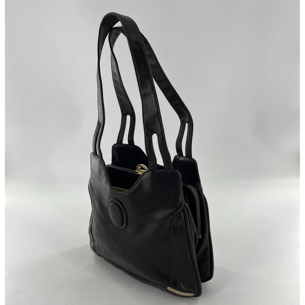 Vintage Mid Century‎ Modern Lou Taylor Leather Satchel Shoulder Brown Bag Mirror